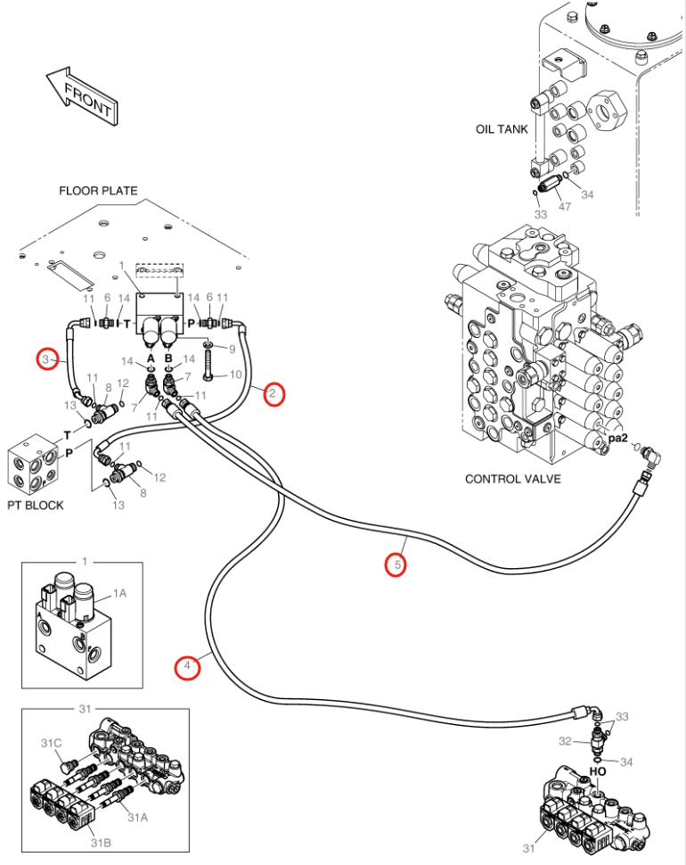 Doosan DX140LC-3 installation diagram showing hydraulic hose DS2119212 at Pipe No. 5
