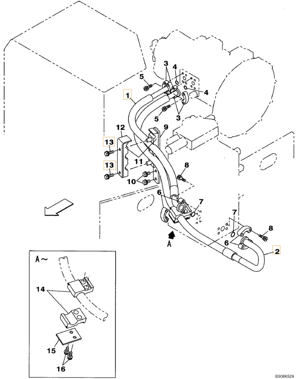 Case CX240BLR installation diagram showing hydraulic hose KRJ16320 at Pipe No. 1