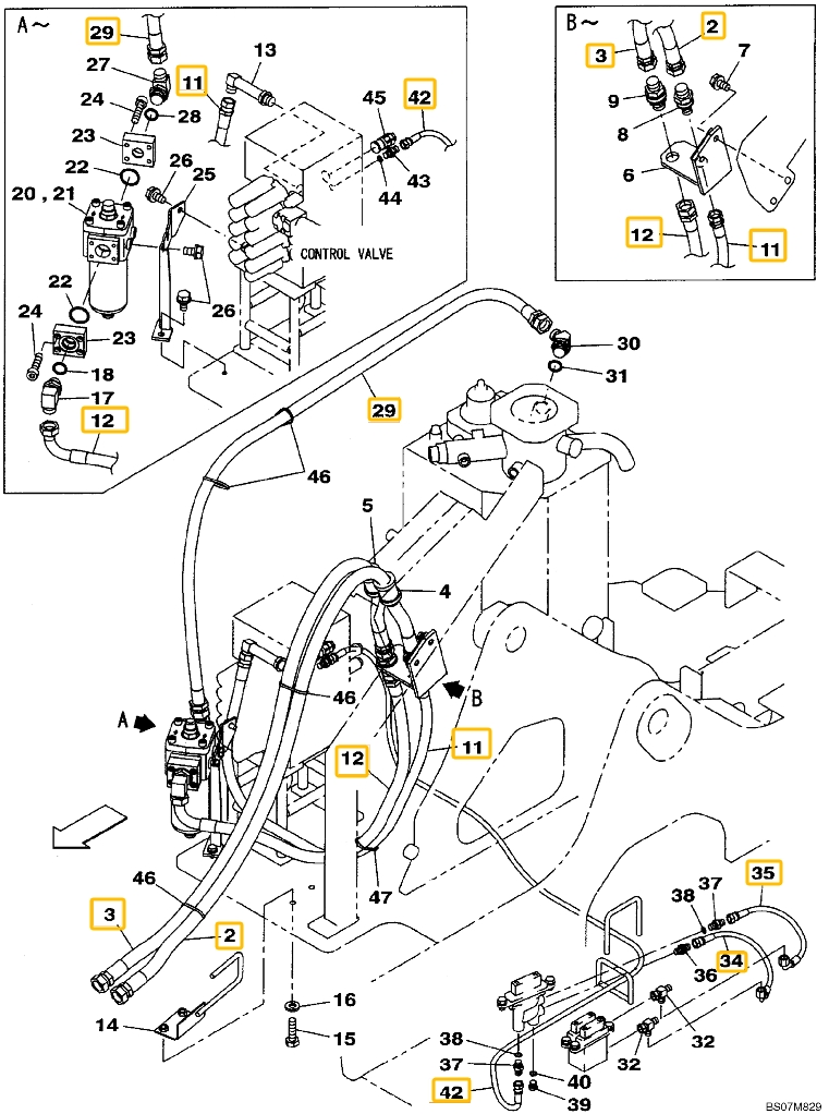 Case CX75SR installation diagram showing hydraulic hose KHJ2084 at Pipe No. 34
