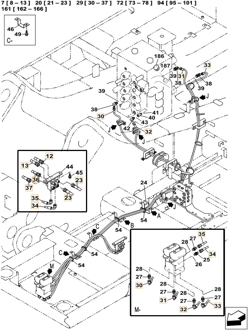Case CX490C LC installation diagram showing hydraulic hose KHJ2092 at Pipe No. 34