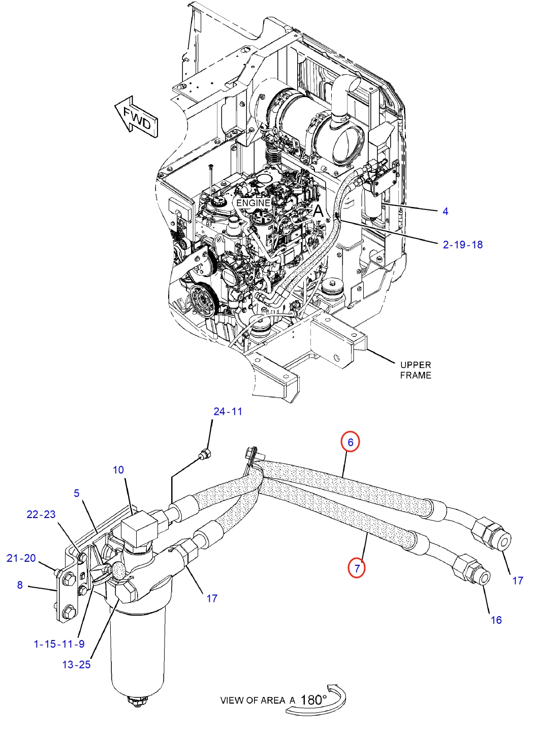 Caterpillar CAT®312E installation diagram showing hydraulic hose 351-3993 at Pipe No. 6