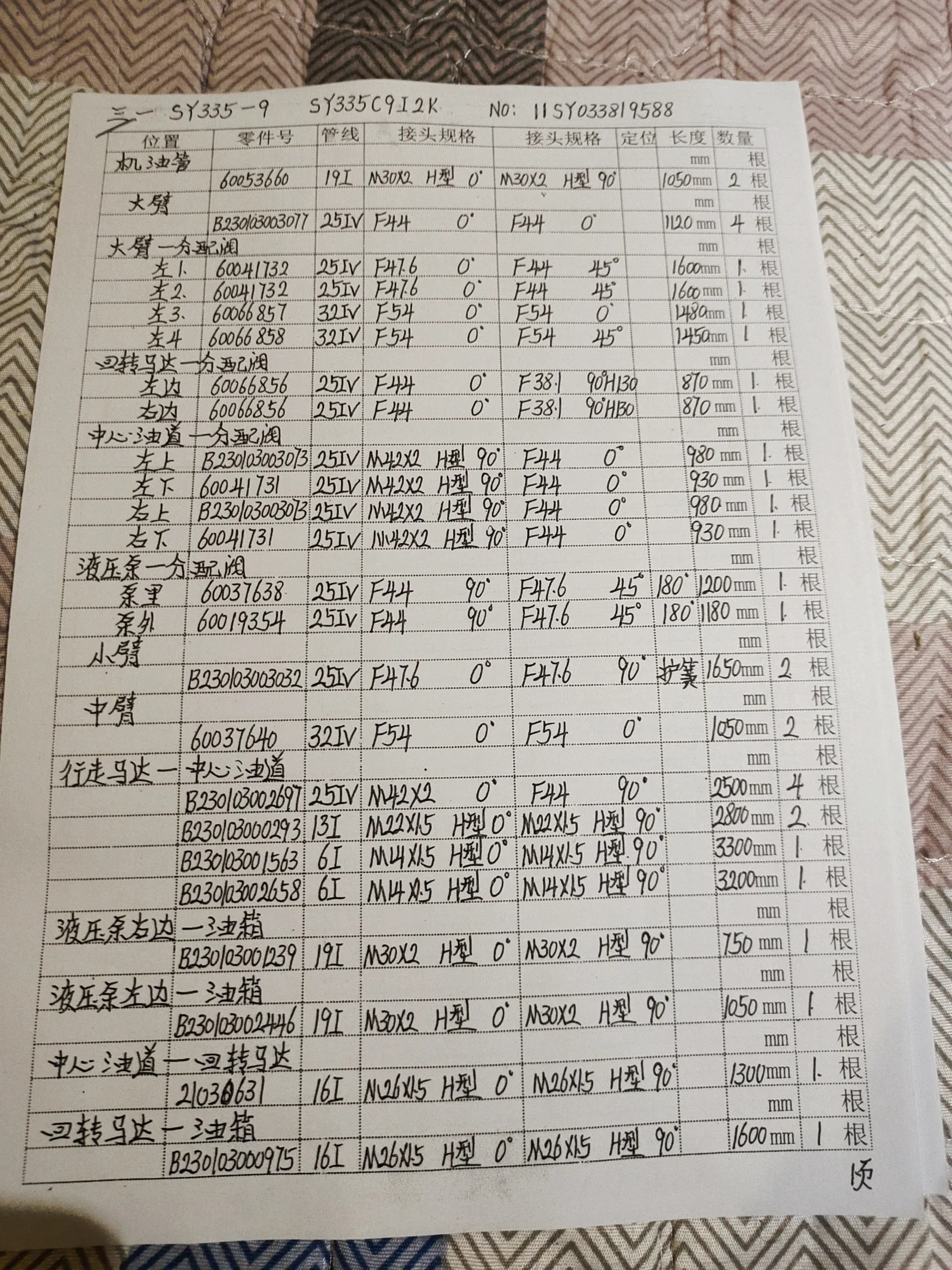 SANY SY335C9IK2K hydraulic hose part numbers and recorded lengths — technician notebook page 1 of 5 — recorded hose parts 25IVF44, B2300300123919I, B2300300244619I