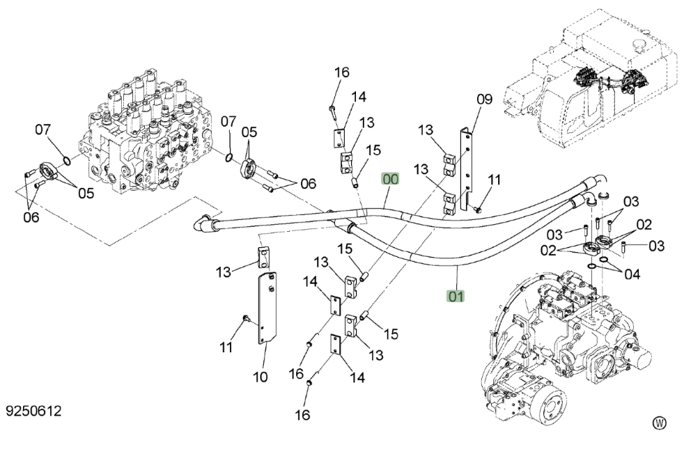 Hitachi ZX450LC-3 installation diagram showing hydraulic hose 4636847 at Pipe No. 1