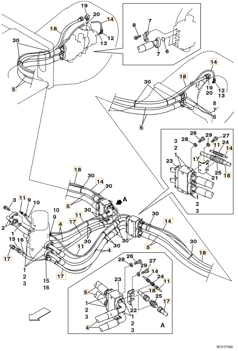 Case CX800 installation diagram showing hydraulic hose 167352A1 at Pipe No. 14