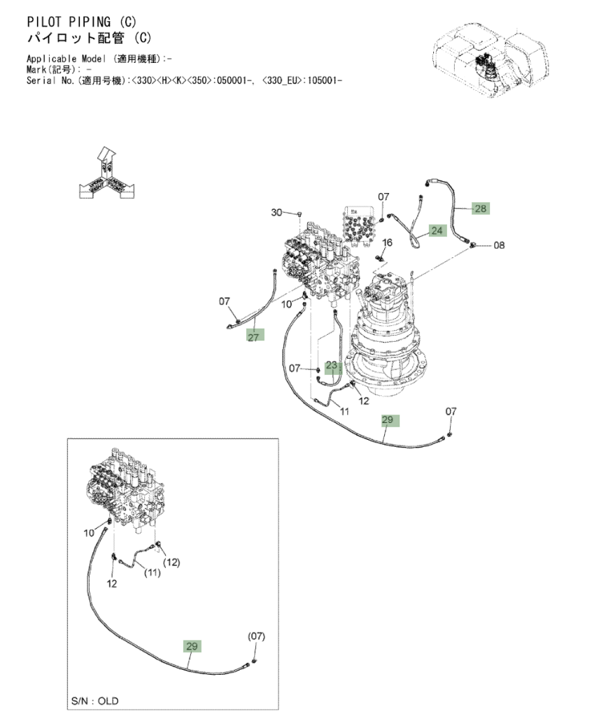 Hitachi ZX350LC-3 installation diagram showing hydraulic hose 4427111 at Pipe No. 27