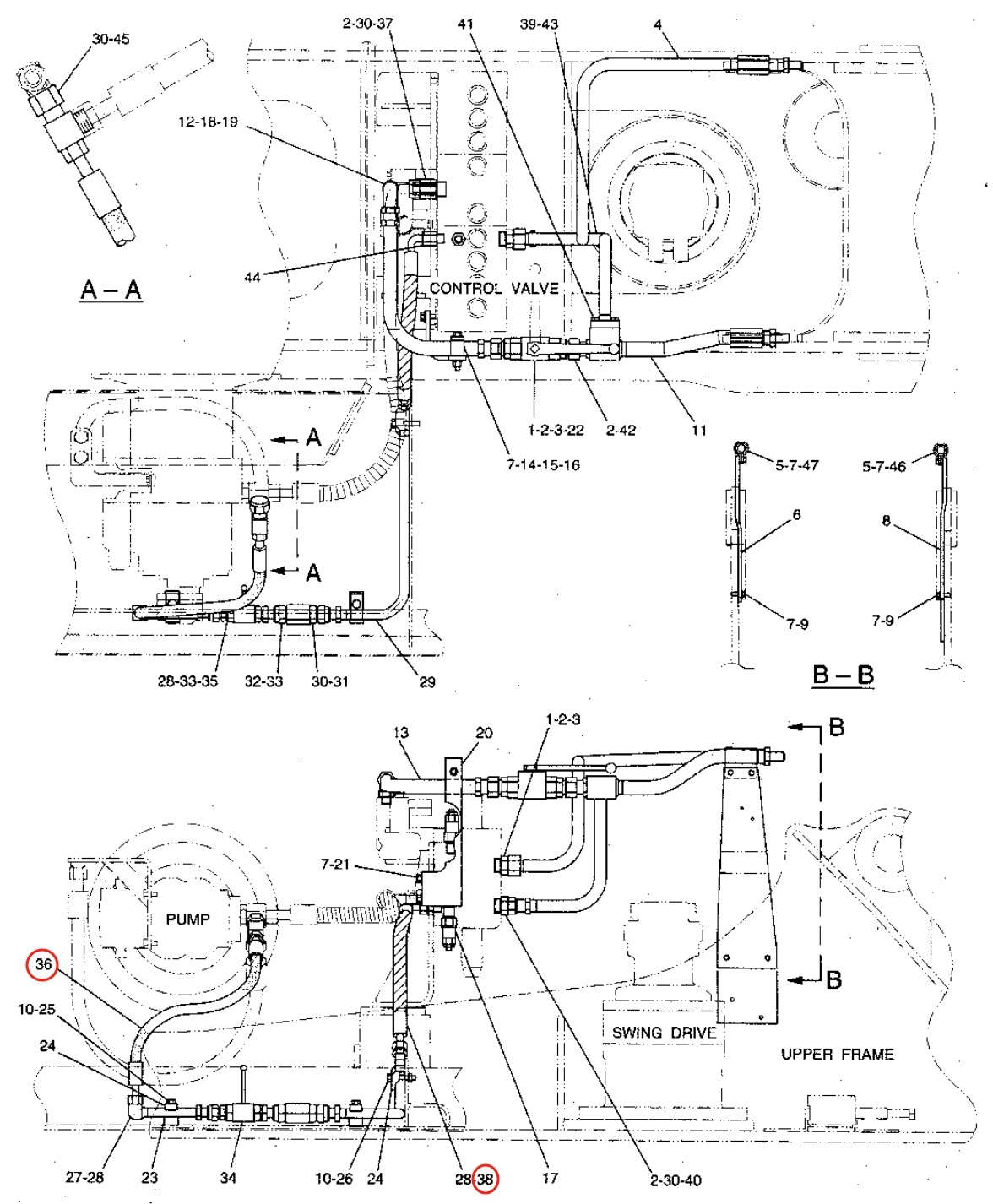 Caterpillar CAT®315B L installation diagram showing hydraulic hose 185-9047 at Pipe No. 36