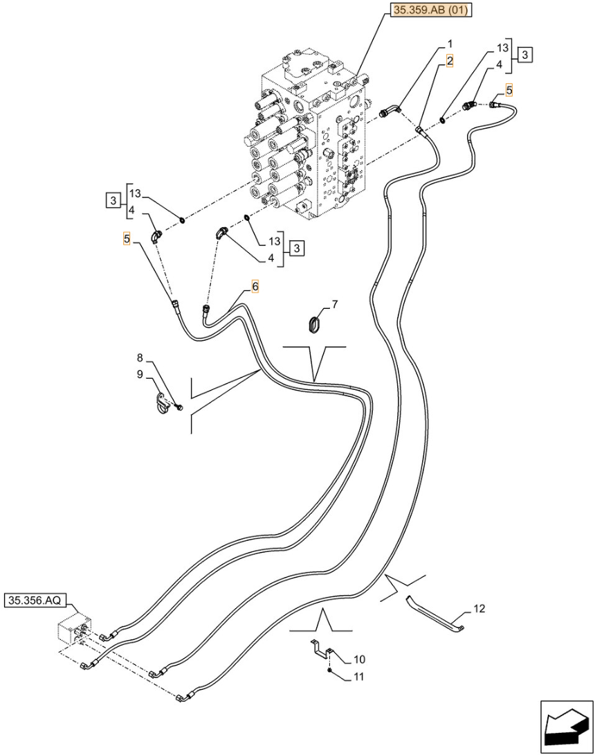 Case CX250D LC LR installation diagram showing hydraulic hose KHJ2165 at Pipe No. 6