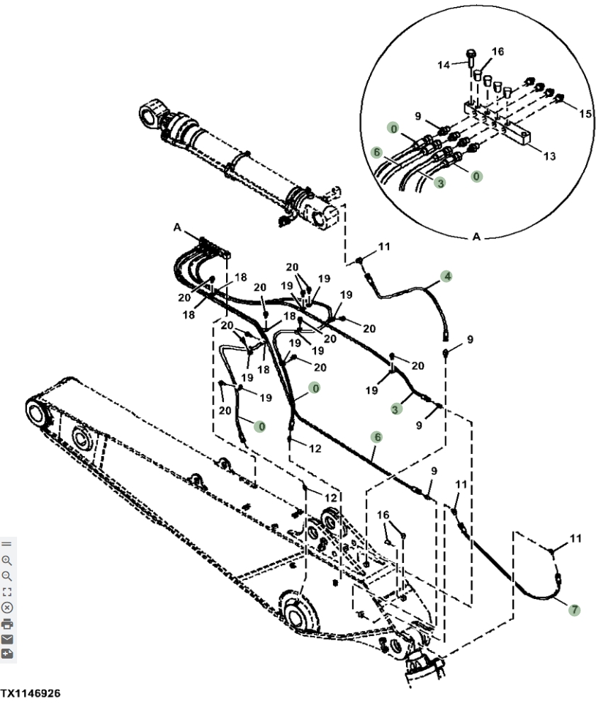 Hitachi ZX870LC-5G installation diagram showing hydraulic hose 4258882 at Pipe No. 0