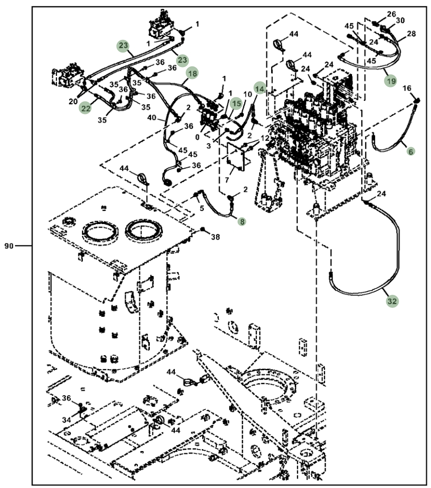 Hitachi ZX470LC-5G installation diagram showing hydraulic hose 4449973 at Pipe No. 22