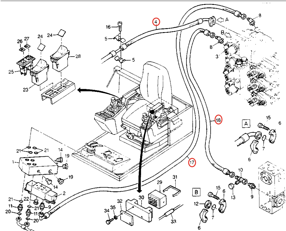 Caterpillar CAT®206B installation diagram showing hydraulic hose 8U-6521 at Pipe No. 18