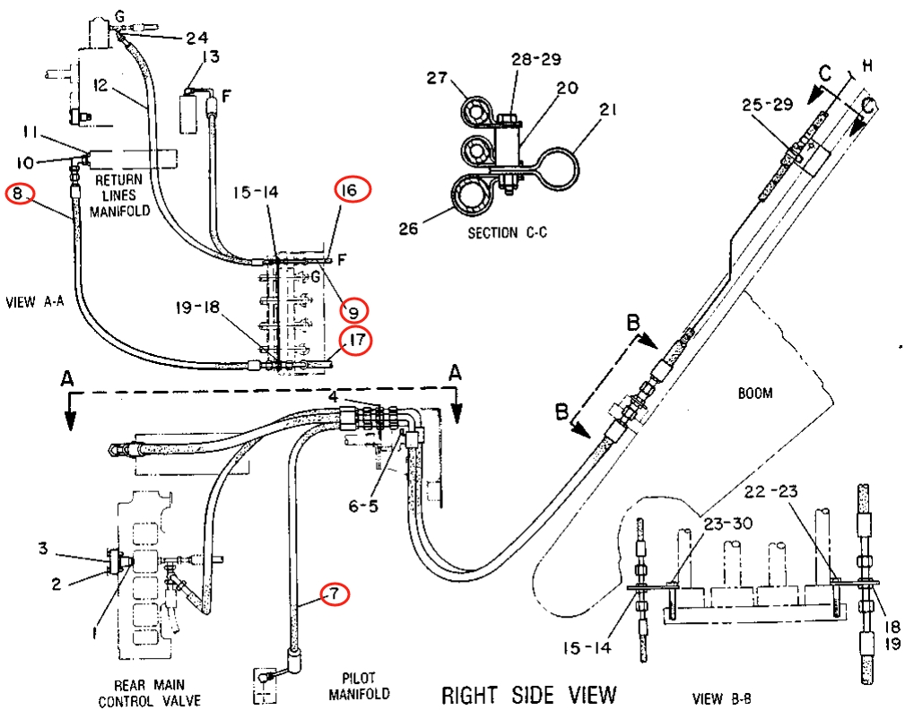 Caterpillar CAT®215D installation diagram showing hydraulic hose 6W-7640 at Pipe No. 8