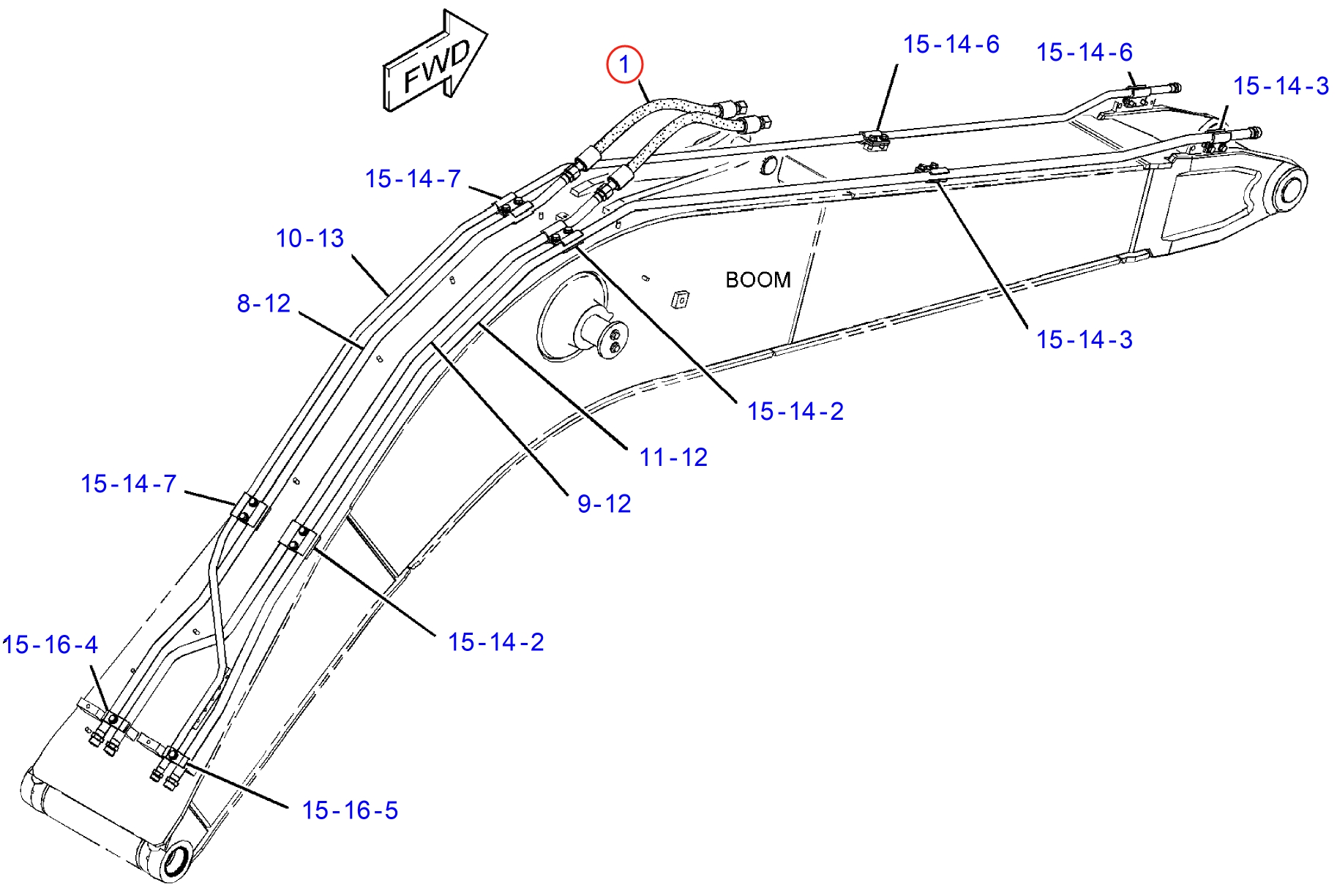 Caterpillar CAT®312F installation diagram showing hydraulic hose 4I-1095 at Pipe No. 1