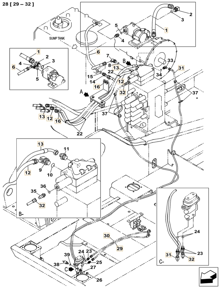 Case CX240C installation diagram showing hydraulic hose KHJ18020 at Pipe No. 31