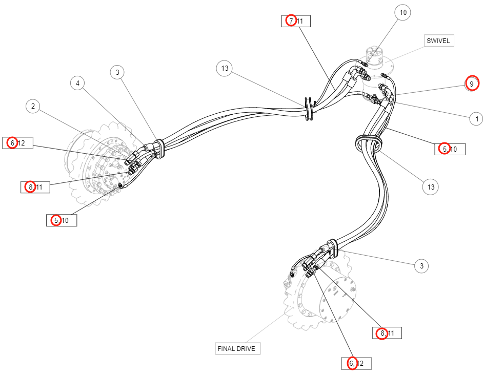Caterpillar CAT®313F LGC installation diagram showing hydraulic hose 307-5096 at Pipe No. 6