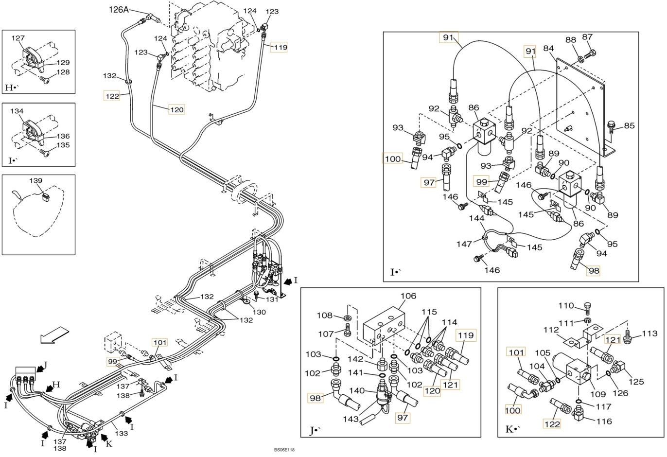 Case CX800 installation diagram showing hydraulic hose 159235A1 at Pipe No. 101