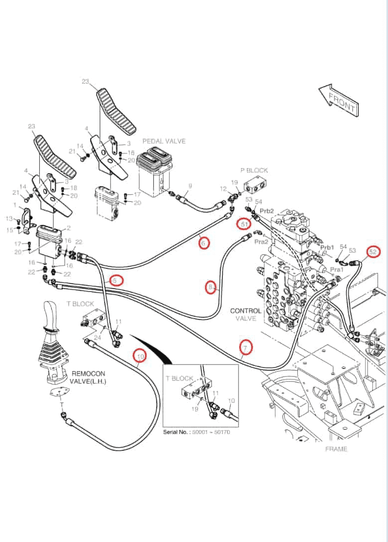 Doosan DX140LC installation diagram showing hydraulic hose DS2092091 at Pipe No. 52