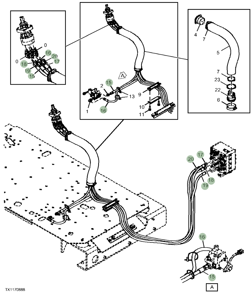 Hitachi ZX230W-5N installation diagram showing hydraulic hose 4446841 at Pipe No. 19