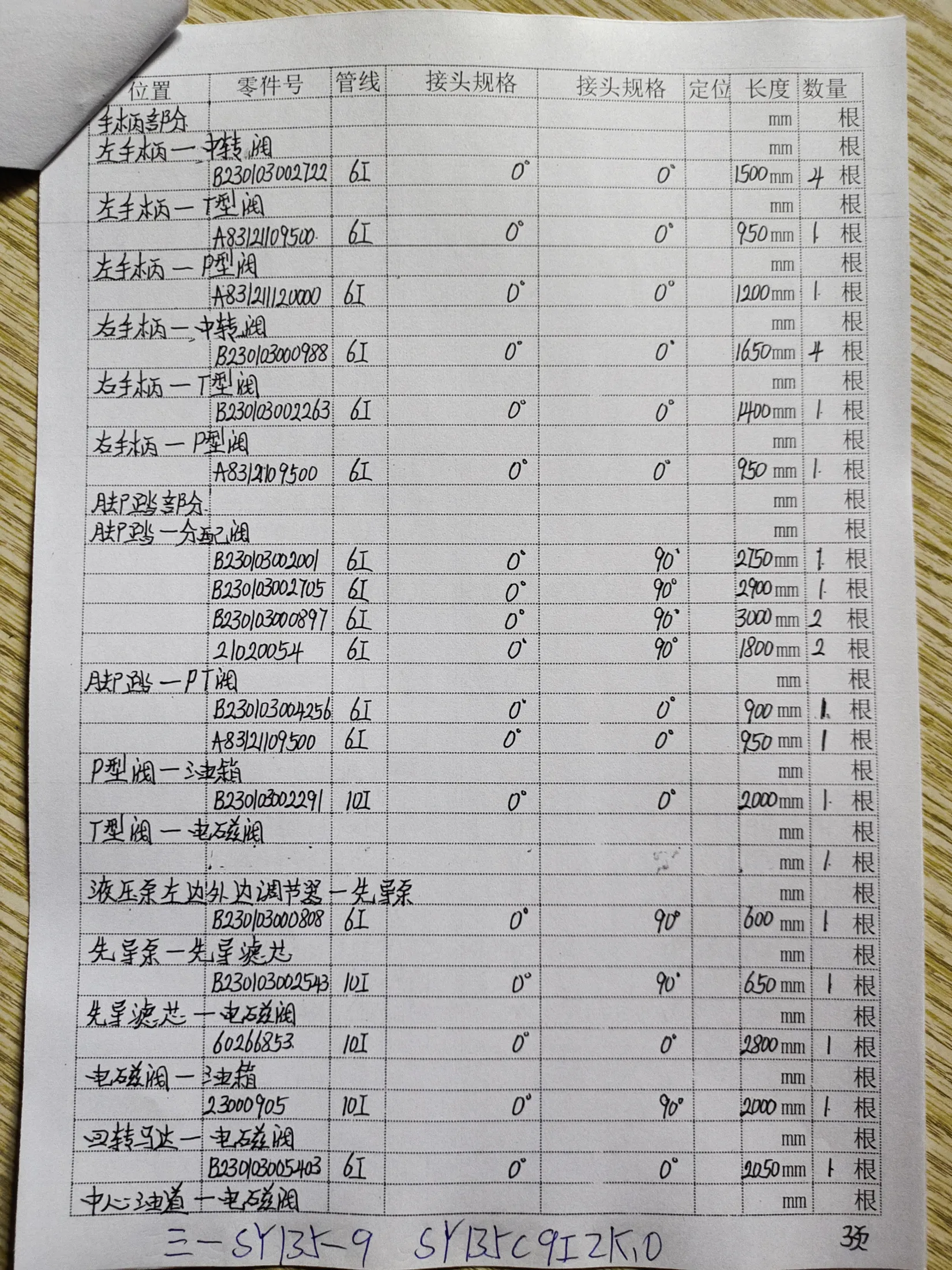 SANY SY135-9 hydraulic hose part numbers and recorded lengths — technician notebook page 3 of 4 — recorded hose parts A83209500, A832109500, A8321109500