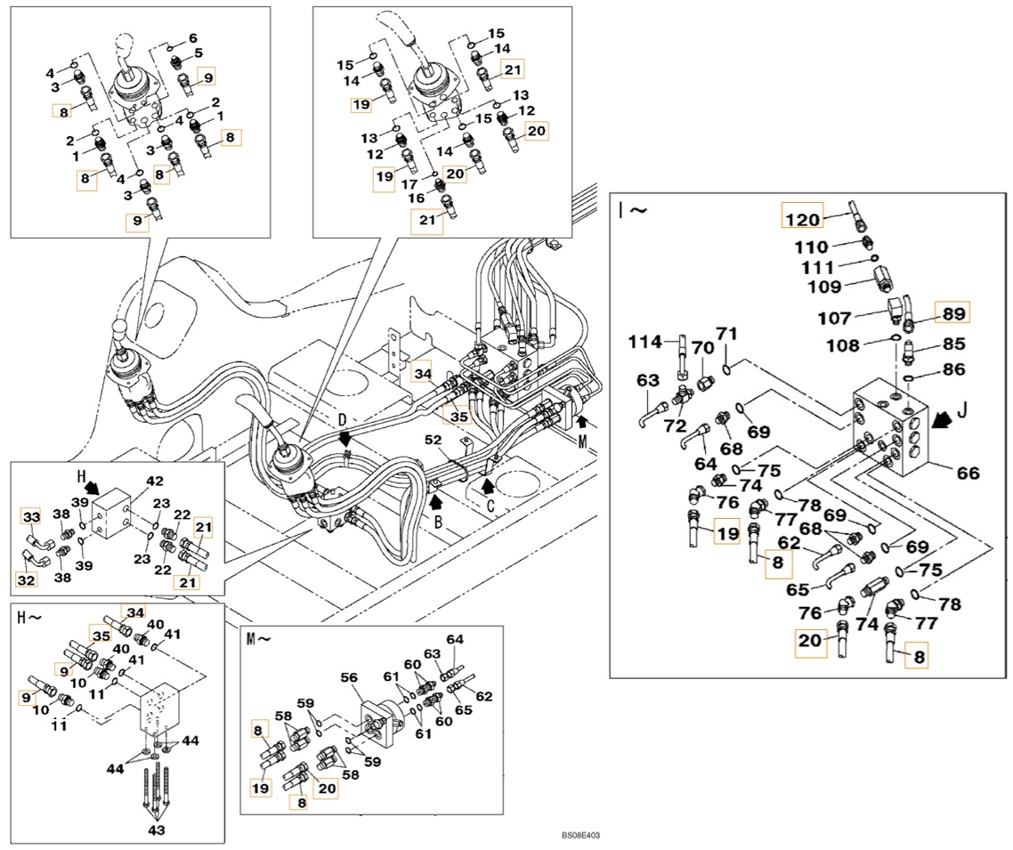 Case CX800B installation diagram showing hydraulic hose KRJ4381 at Pipe No. 20