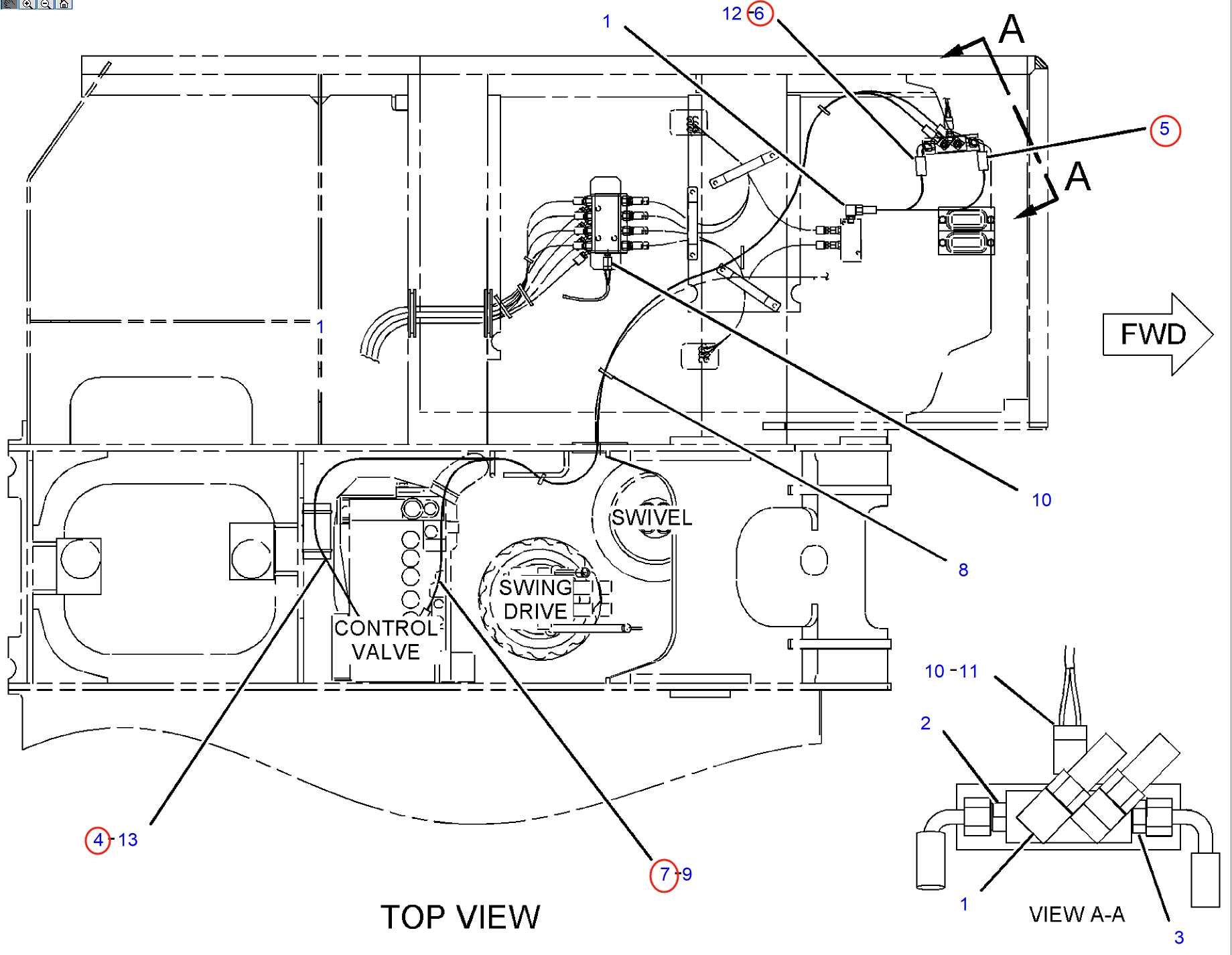 Caterpillar CAT®312C installation diagram showing hydraulic hose 087-6584 at Pipe No. 4