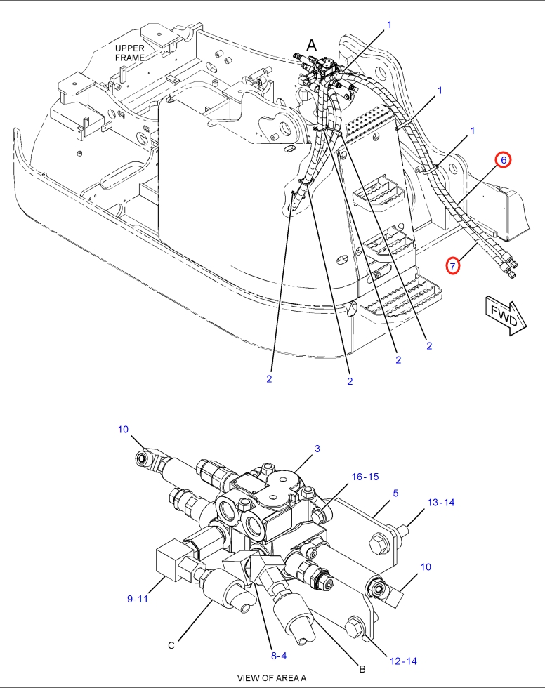 Caterpillar CAT®315F LCR installation diagram showing hydraulic hose 419-5257 at Pipe No. 7