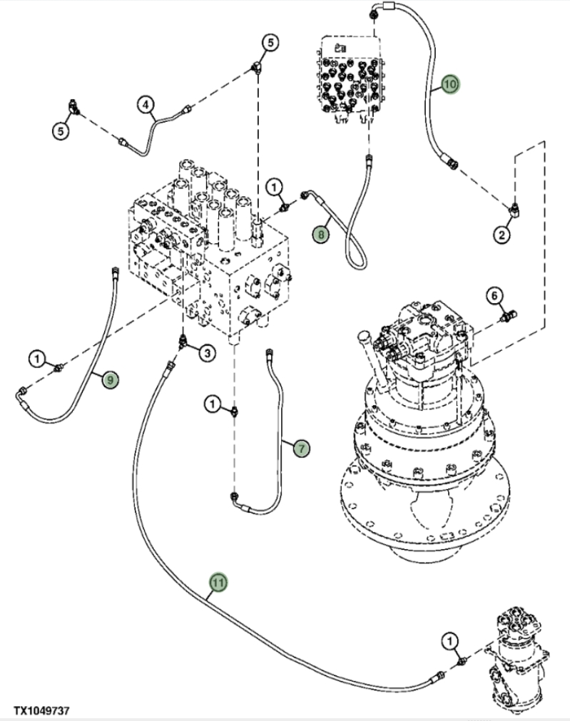 Hitachi ZXS370F-3 installation diagram showing hydraulic hose 4648912 at Pipe No. 8