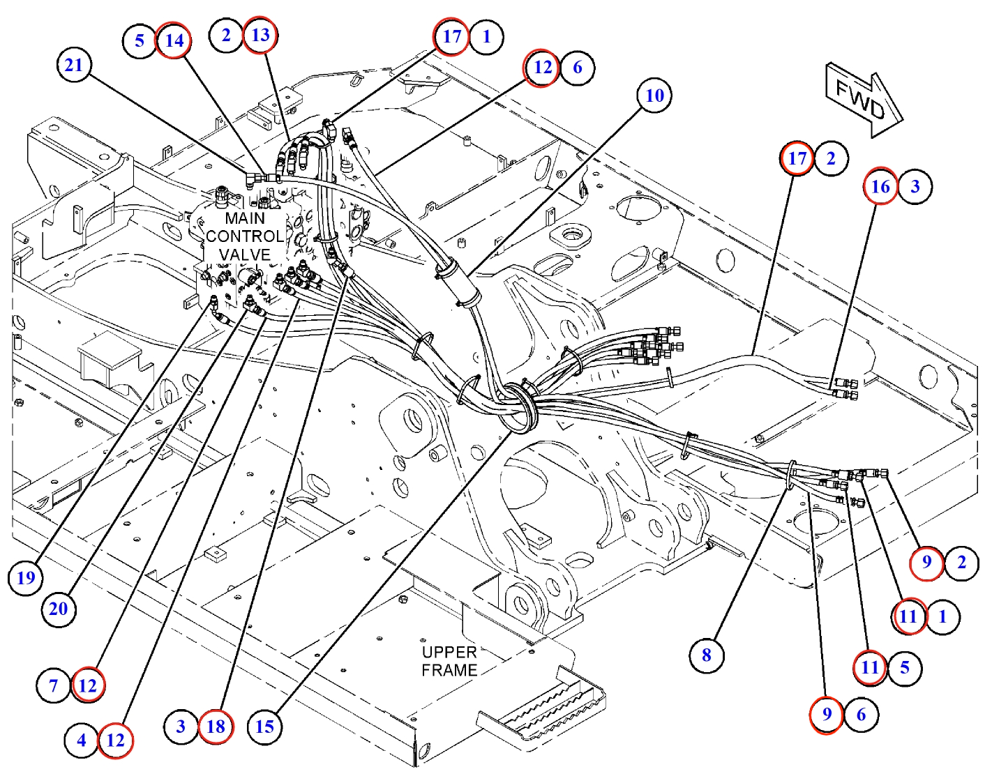 Caterpillar CAT®313F LGC installation diagram showing hydraulic hose 371-3165 at Pipe No. 18