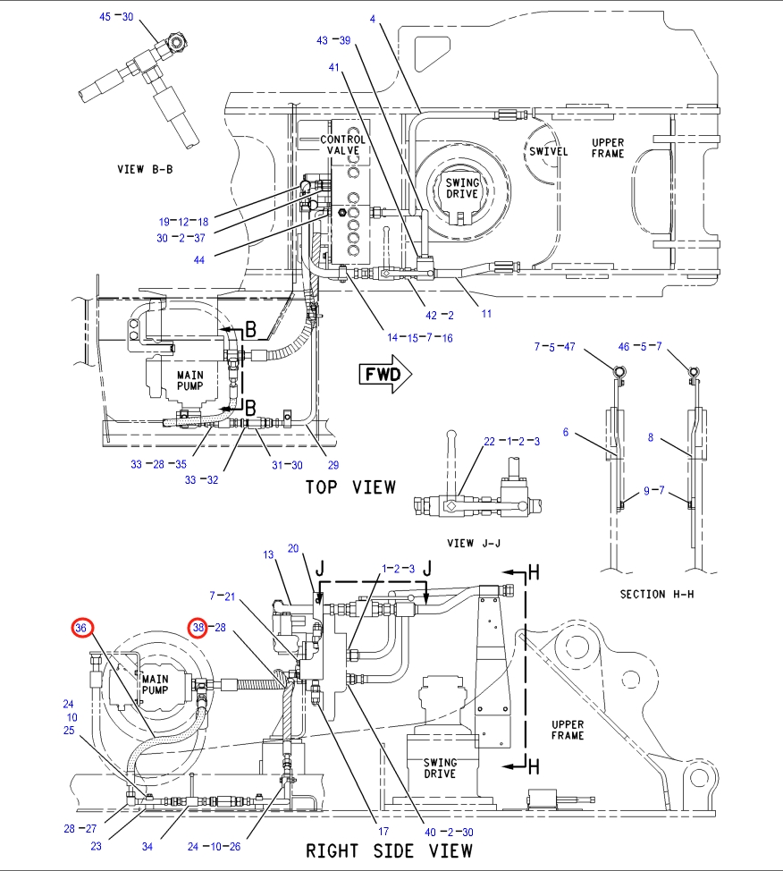 Caterpillar CAT®318B installation diagram showing hydraulic hose 185-9047 at Pipe No. 36