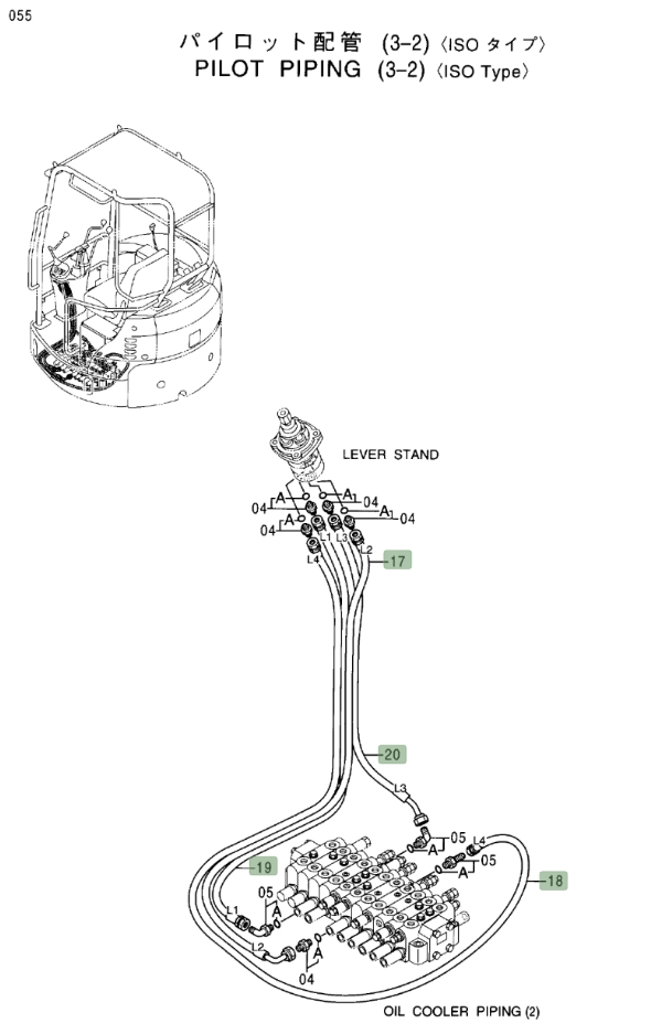 Hitachi EX17U installation diagram showing hydraulic hose 4453426 at Pipe No. 19