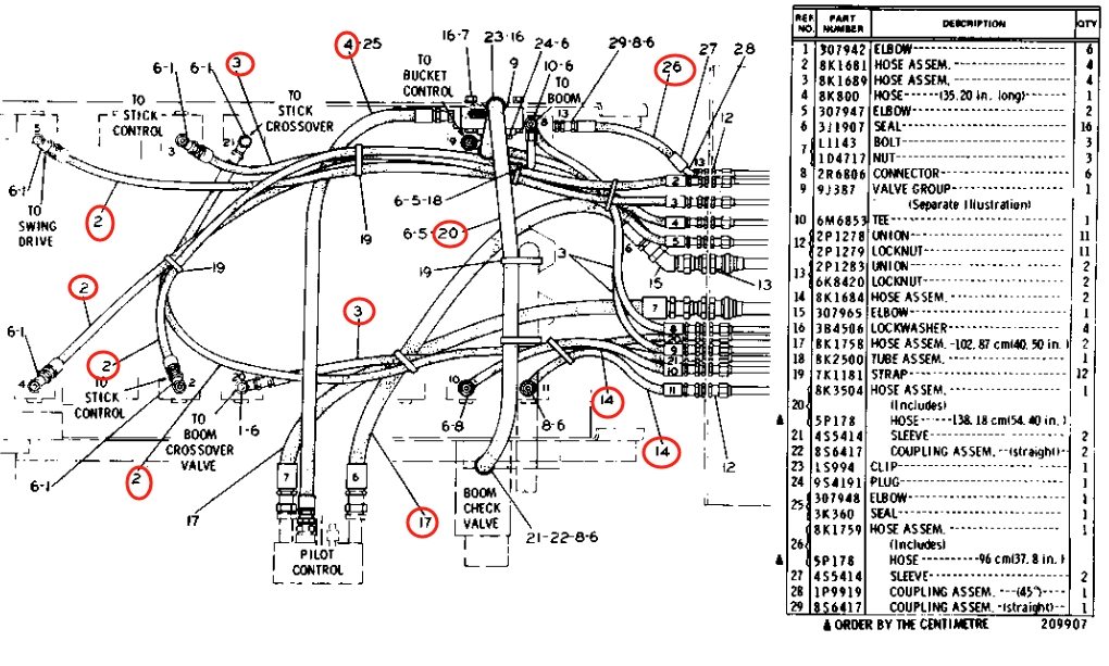 Caterpillar CAT®225 installation diagram showing hydraulic hose 8K-0800 at Pipe No. 4