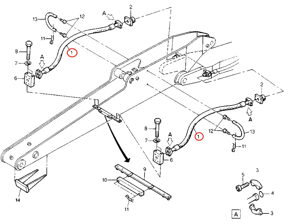Caterpillar CAT®212B installation diagram showing hydraulic hose 8U-6223 at Pipe No. 1