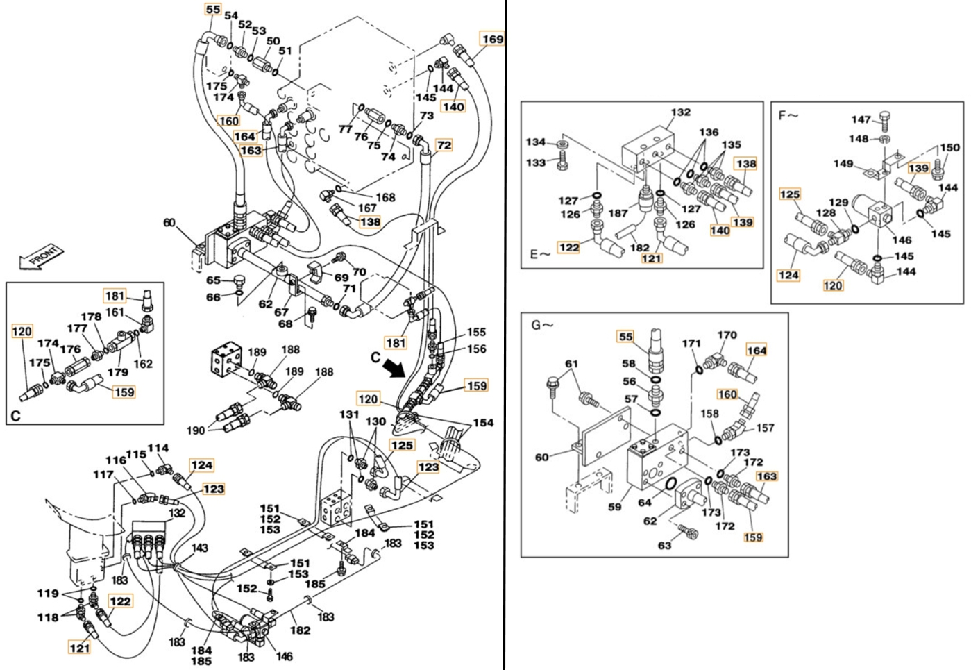Case CX240 installation diagram showing hydraulic hose 159019A1 at Pipe No. 164