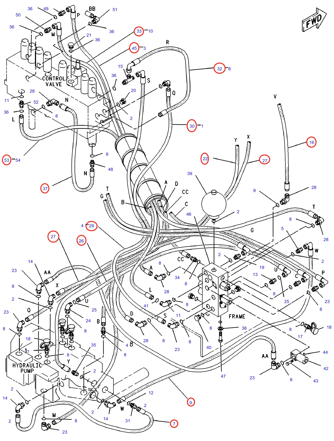Caterpillar CAT®315-A installation diagram showing hydraulic hose 103-1348 at Pipe No. 53