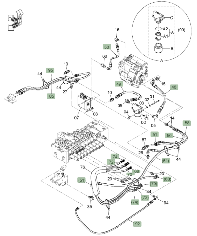 Hitachi ZX50U-3 installation diagram showing hydraulic hose 4709637 at Pipe No. 92
