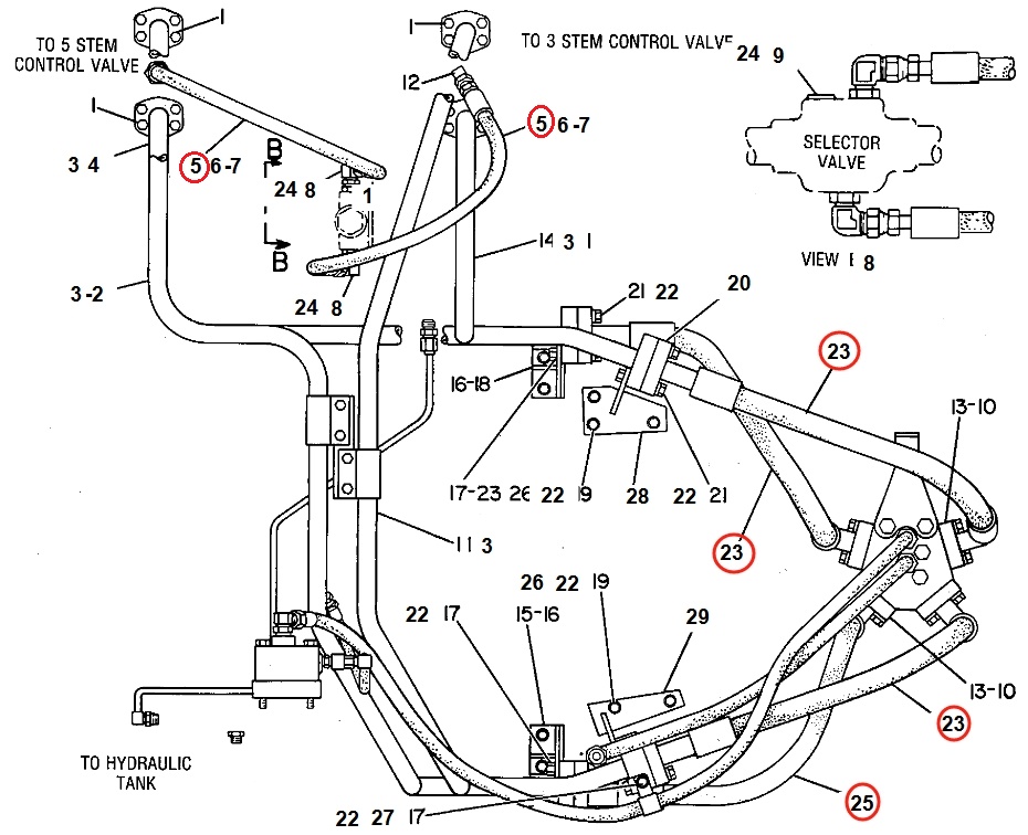 Caterpillar CAT®225B installation diagram showing hydraulic hose 3V-8853 at Pipe No. 5
