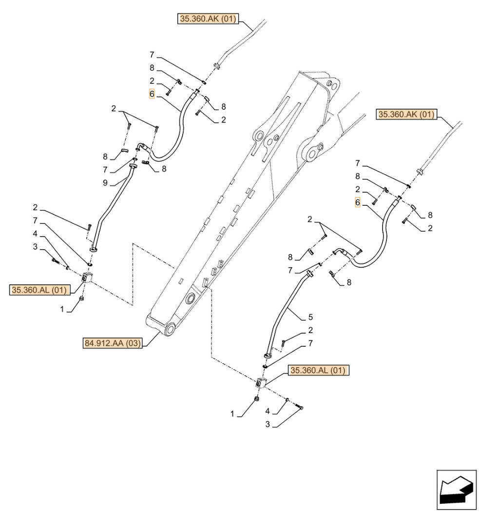 Case CX300D NLC installation diagram showing hydraulic hose KBV15980 at Pipe No. 6