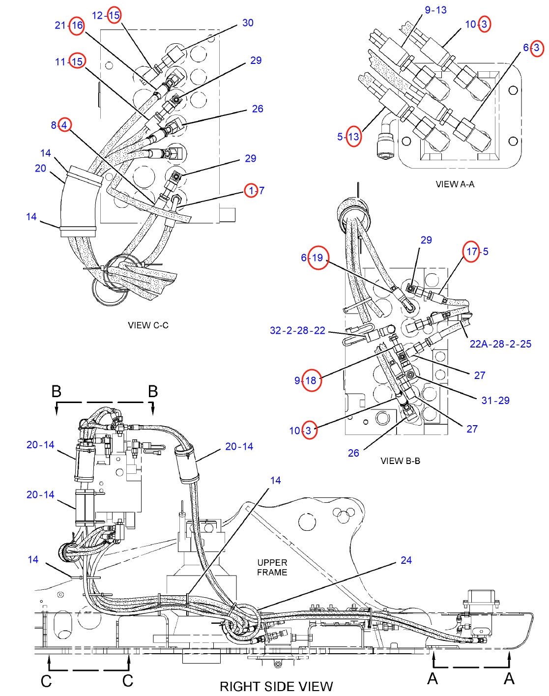 Caterpillar CAT®312D L installation diagram showing hydraulic hose 4I-3988 at Pipe No. 3