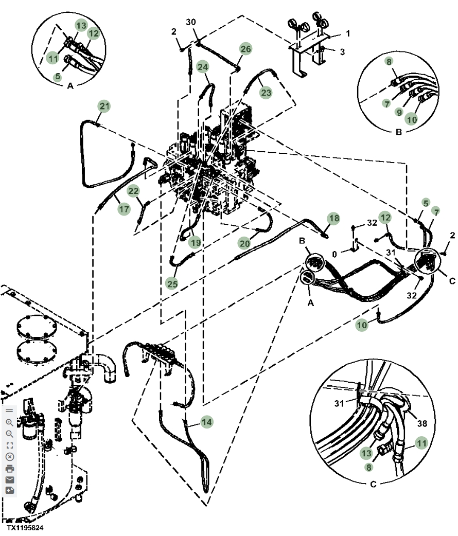 Hitachi ZX870LC-6 installation diagram showing hydraulic hose 4713500 at Pipe No. 19
