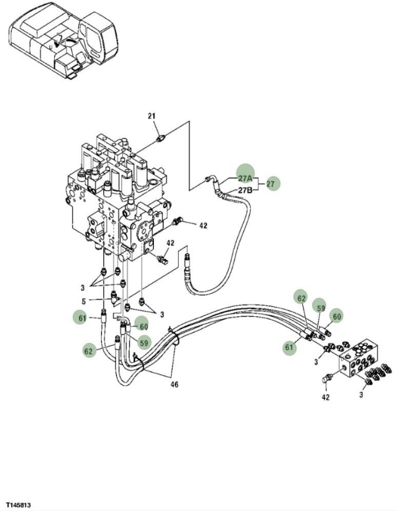 Hitachi ZX350F installation diagram showing hydraulic hose 4446129 at Pipe No. 60