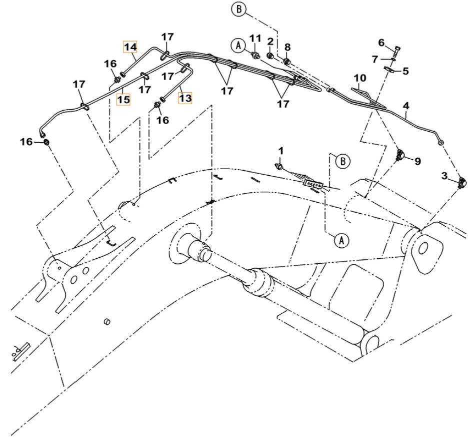 Case CX490C LC installation diagram showing hydraulic hose KHJ2083 at Pipe No. 14