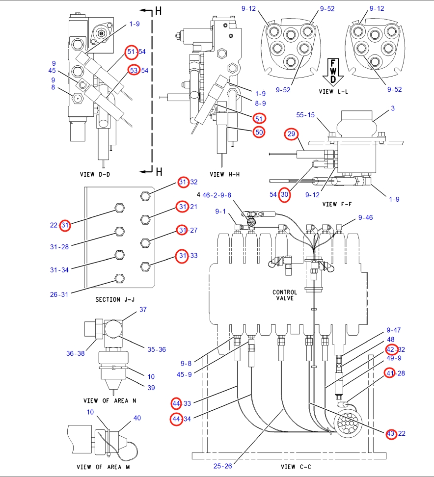 Caterpillar CAT®317B L installation diagram showing hydraulic hose 4I-7608 at Pipe No. 44