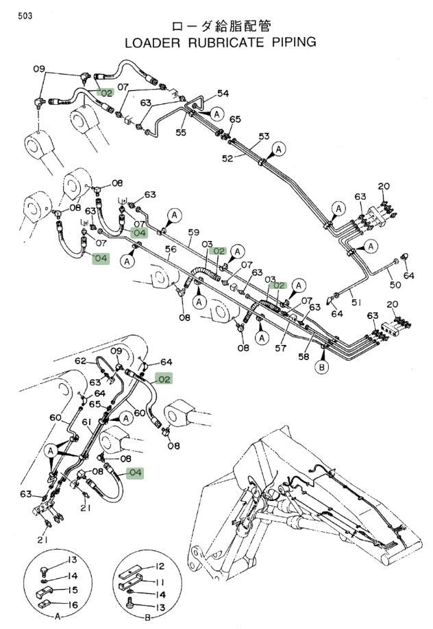 Hitachi EX450LC-5 installation diagram showing hydraulic hose 4107297 at Pipe No. 2