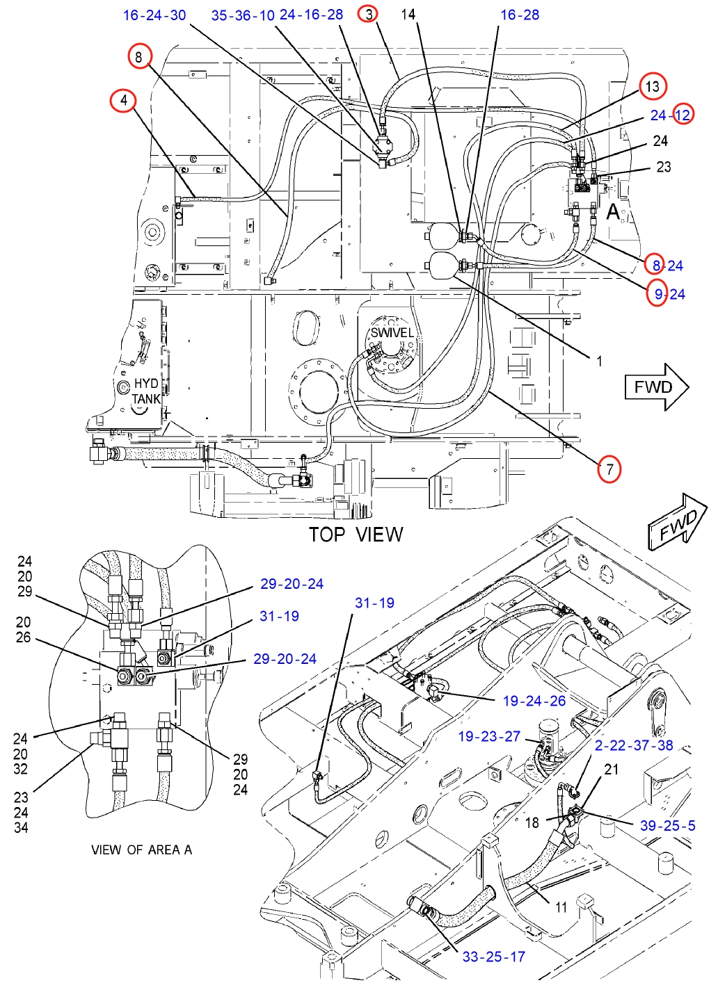 Caterpillar CAT®M312 installation diagram showing hydraulic hose 144-2560 at Pipe No. 8