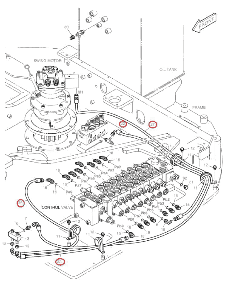 Doosan DX80R installation diagram showing hydraulic hose DS2093180 at Pipe No. 25