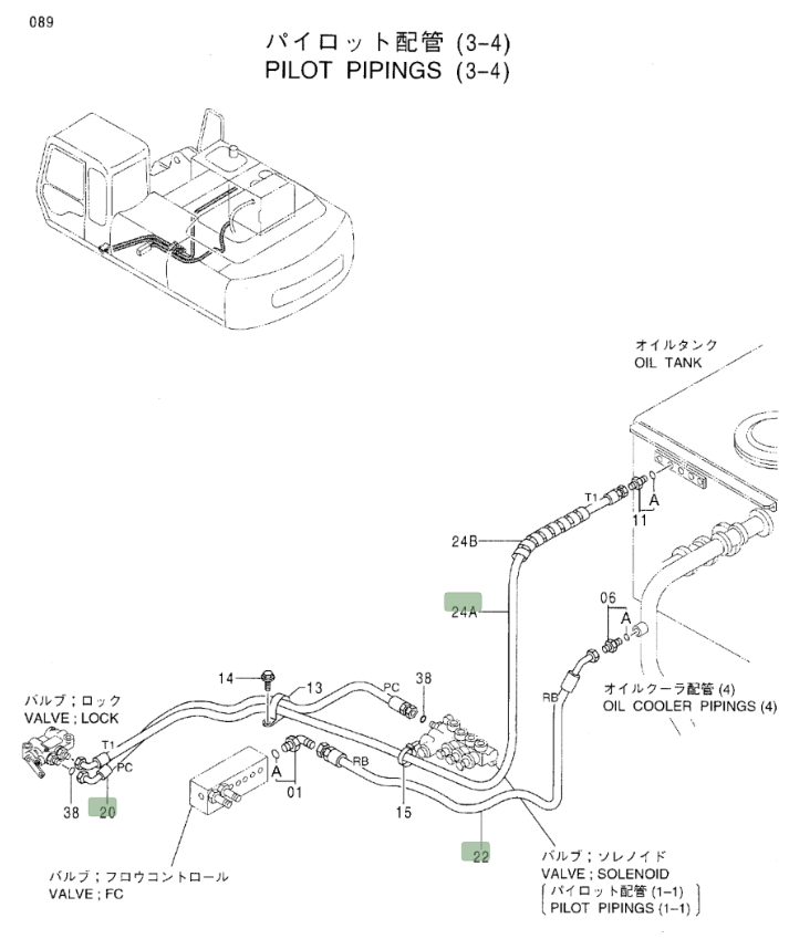Hitachi EX300LC-3C installation diagram showing hydraulic hose 4313713 at Pipe No. 22
