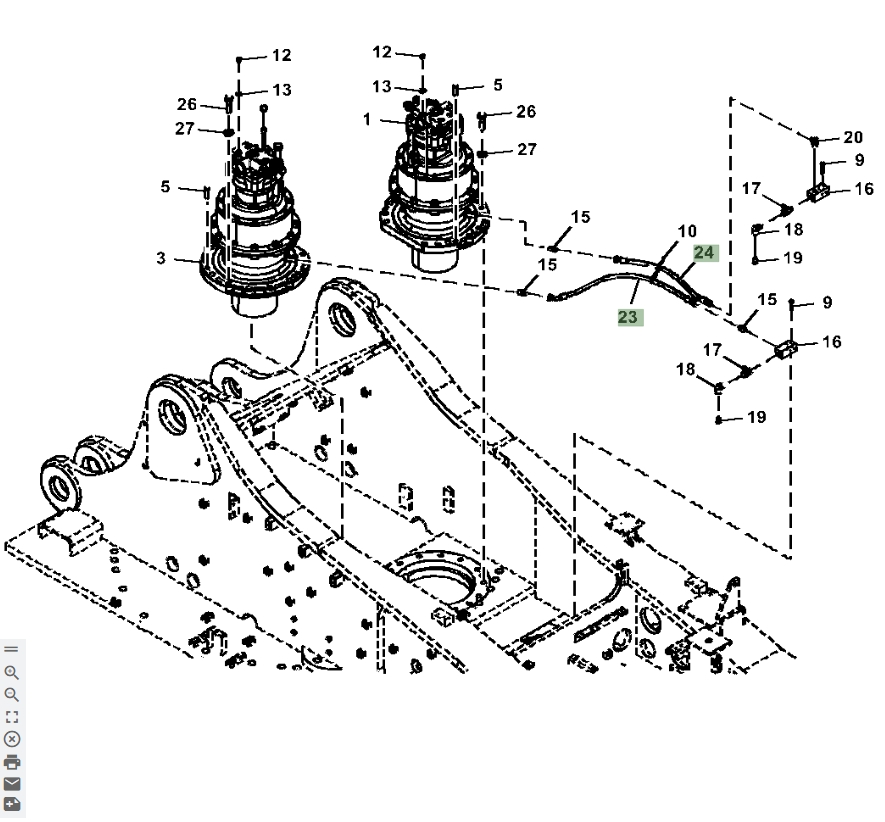 Hitachi ZX870LC-5G installation diagram showing hydraulic hose 4374024 at Pipe No. 24