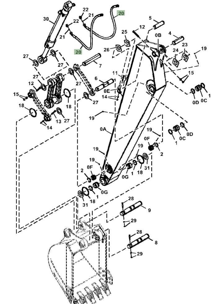 Hitachi ZX160LC-5G installation diagram showing hydraulic hose 4651260 at Pipe No. 20