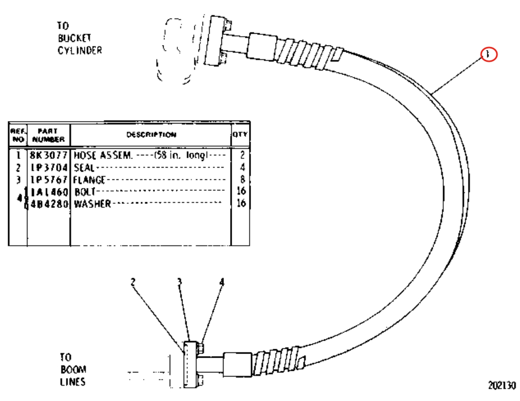 Caterpillar CAT®225 installation diagram showing hydraulic hose 8K-3077 at Pipe No. 1