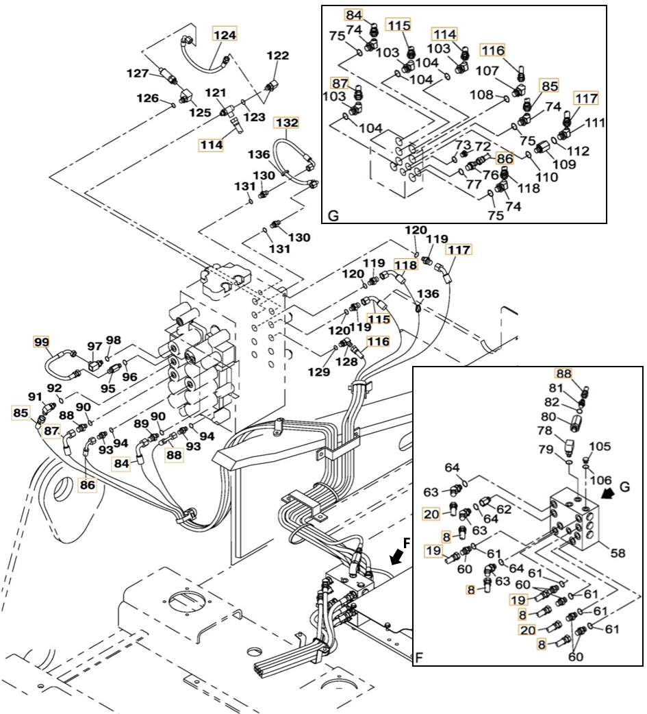 Case CX300B installation diagram showing hydraulic hose KHJ2308 at Pipe No. 84