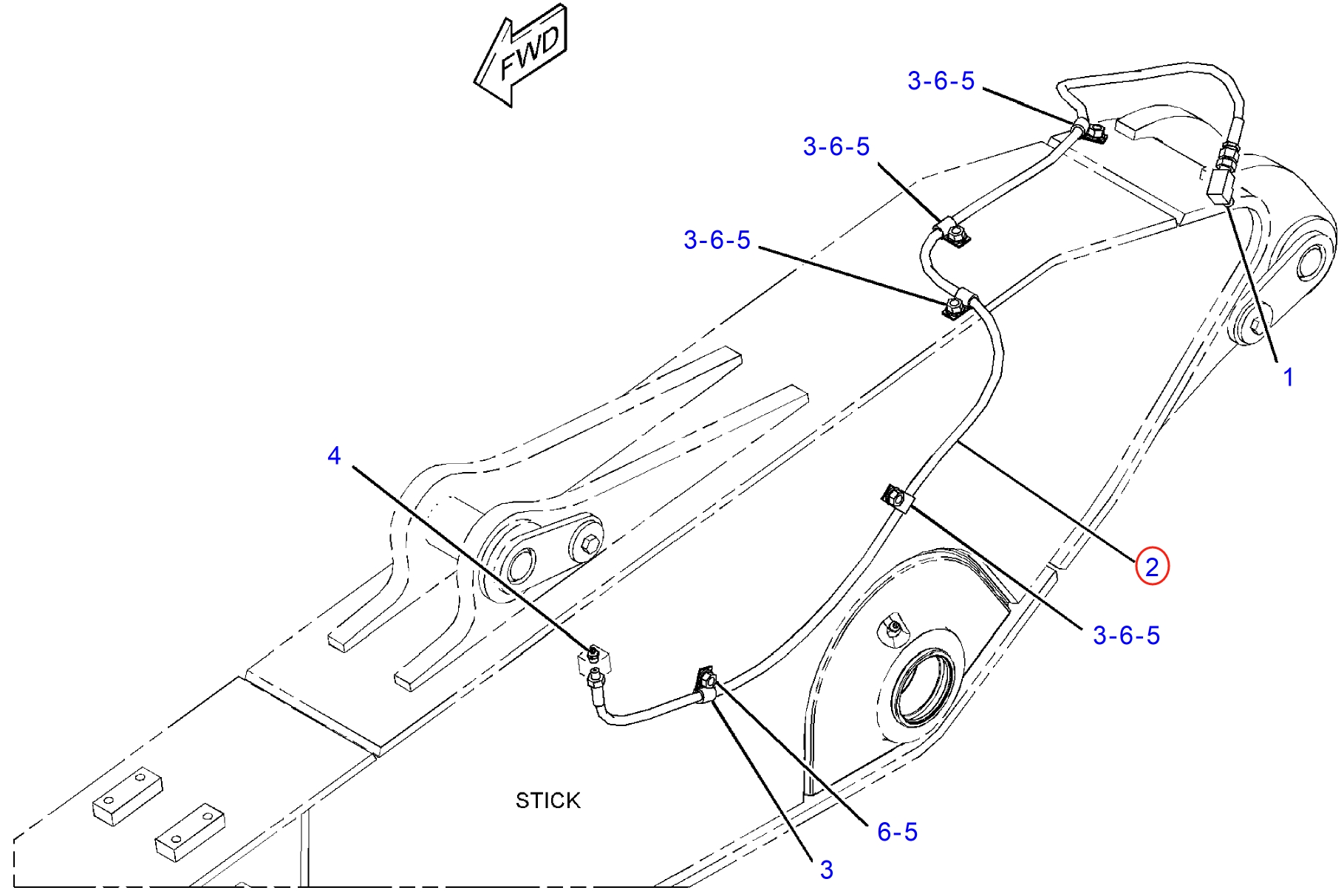 Caterpillar CAT®313F L installation diagram showing hydraulic hose 121-8659 at Pipe No. 2
